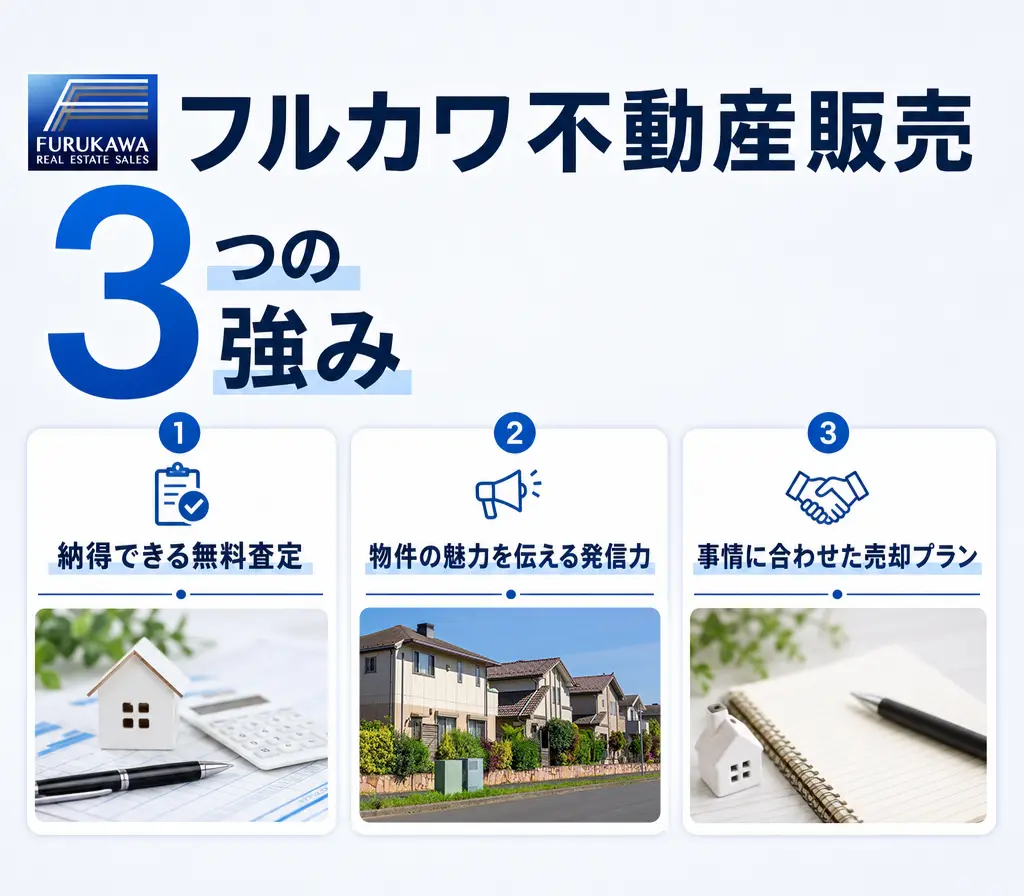 フルカワ不動産販売 3つの強み。納得できる無料査定／物件の魅力を伝える発信力／事情に合わせた売却プラン。