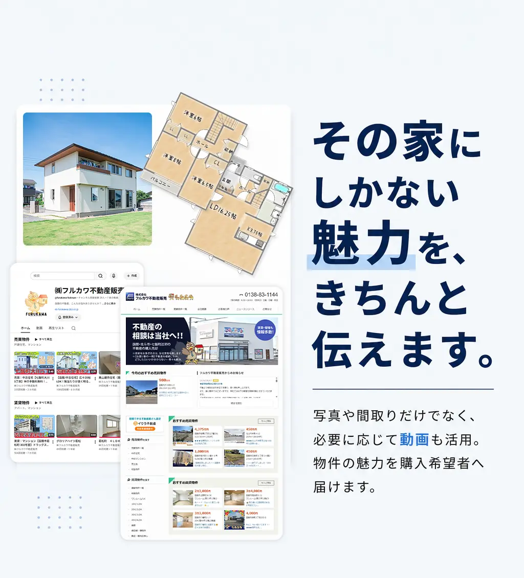 その家にしかない魅力を、きちんと伝えます。写真や間取りだけでなく、必要に応じて動画も活用。物件の魅力を購入希望者へ届けます。