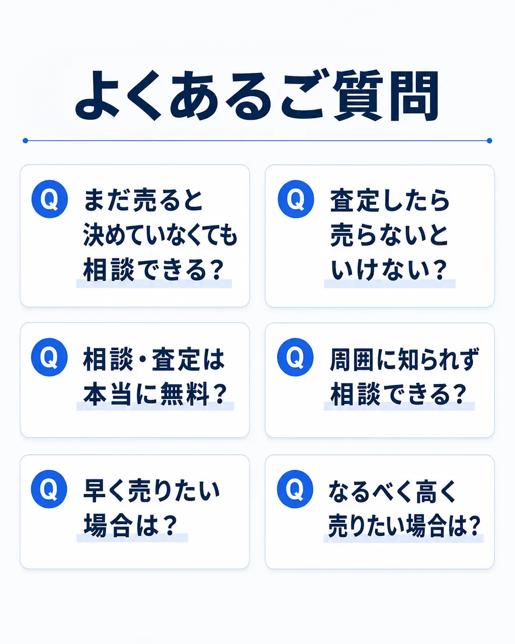 よくあるご質問。まだ売ると決めていなくても相談できる？査定したら売らないといけない？相談・査定は本当に無料？周囲に知られず相談できる？早く売りたい場合は？なるべく高く売りたい場合は？